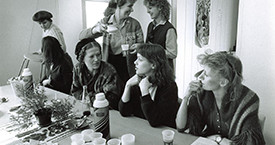 Guðrún Guðmundsdóttir, Kristín Jónsdóttir, Margrét Rún, Sigríður Dúna Kristmundsdóttir, Sigríður Þorvaldsdóttir og Helga Thorberg á fyrsta blaðamannafundi Kvennalistans 29. mars 1983