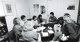 Fundað á Víkinni 1983. Þórhildur Þorleifsdóttir, Sigrún Helgadóttir, Guðný Guðbjörnsdóttir og Kristín Halldórsdóttir